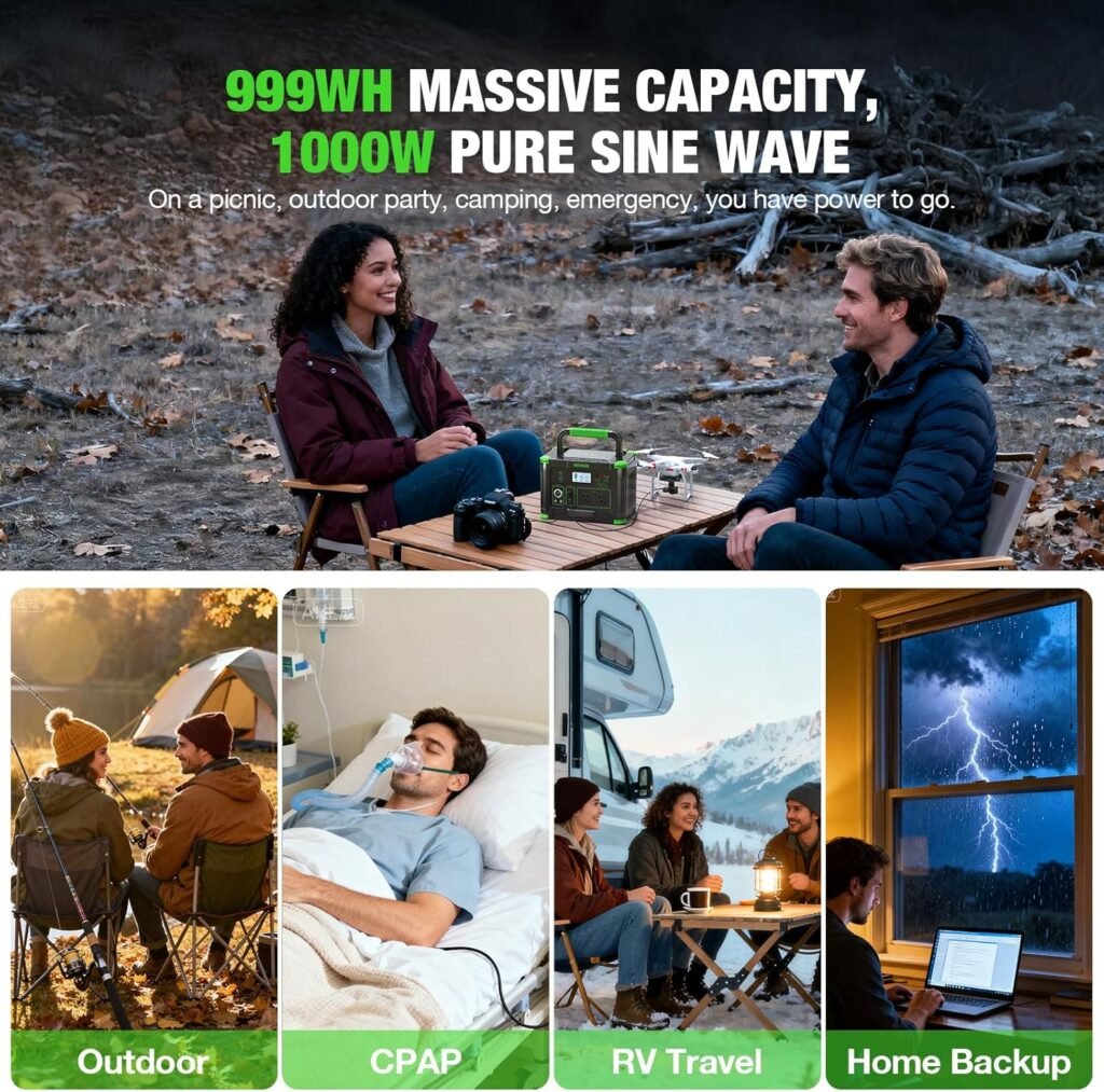 1000W Portable Power Station, 999Wh Solar Generator Backup Battery with Pure Sine Wave, Solar/AC/Car Chargable for Camping, RV, Home Emergency Outdoor Adventures