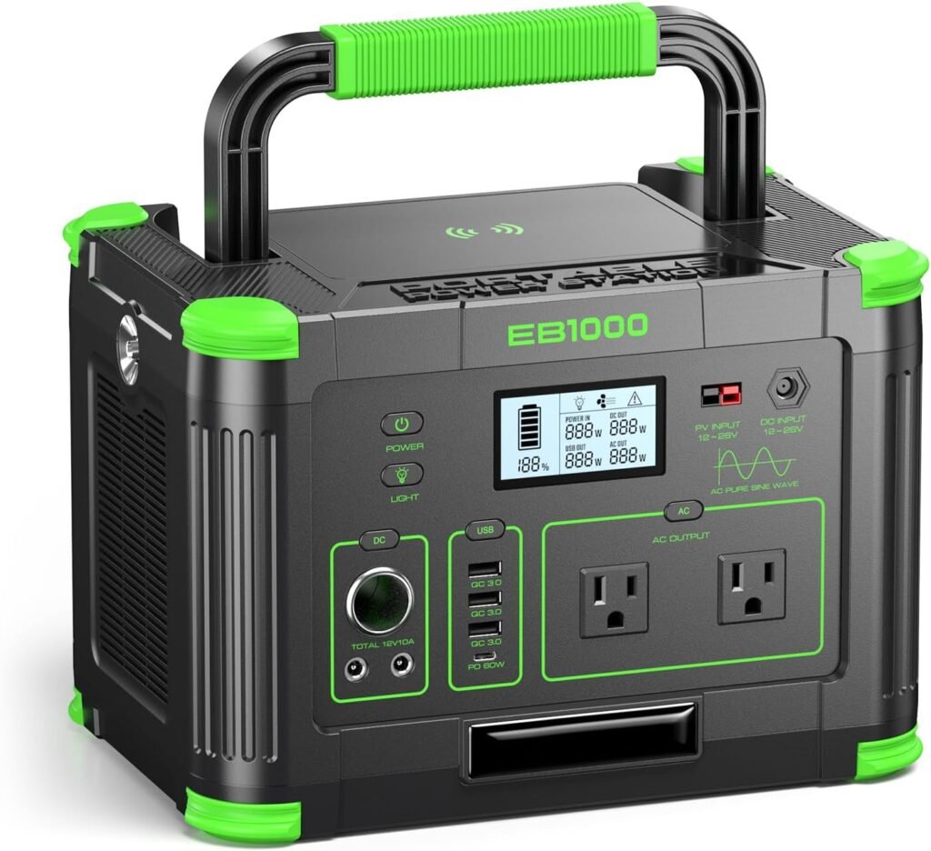 1000W Portable Power Station, 999Wh Solar Generator Backup Battery with Pure Sine Wave, Solar/AC/Car Chargable for Camping, RV, Home Emergency Outdoor Adventures