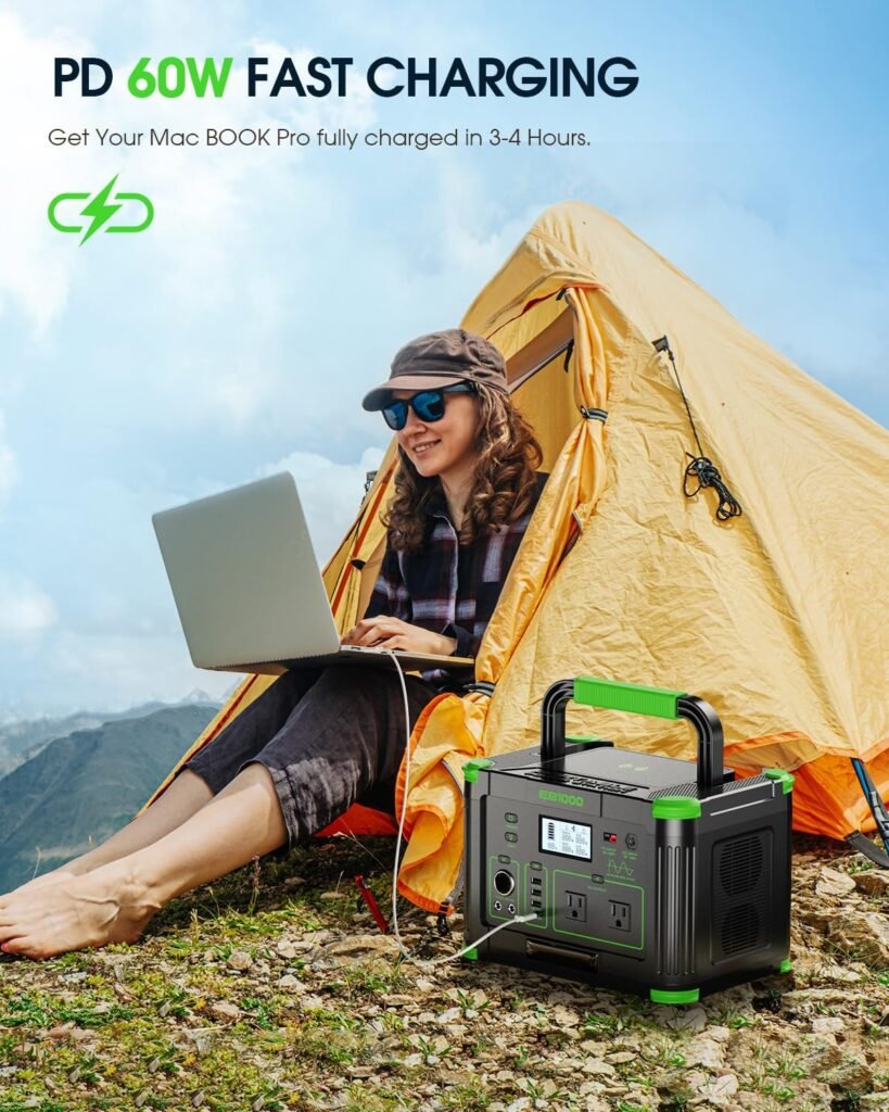 1000W Portable Power Station 999Wh, Solar Generator with 60W USB-C PD Output, Built-in BMS 110V Pure Sine Wave AC Outlet Backup Lithium Battery for Outdoors Camping Travel Emergency (Peak 2000W)