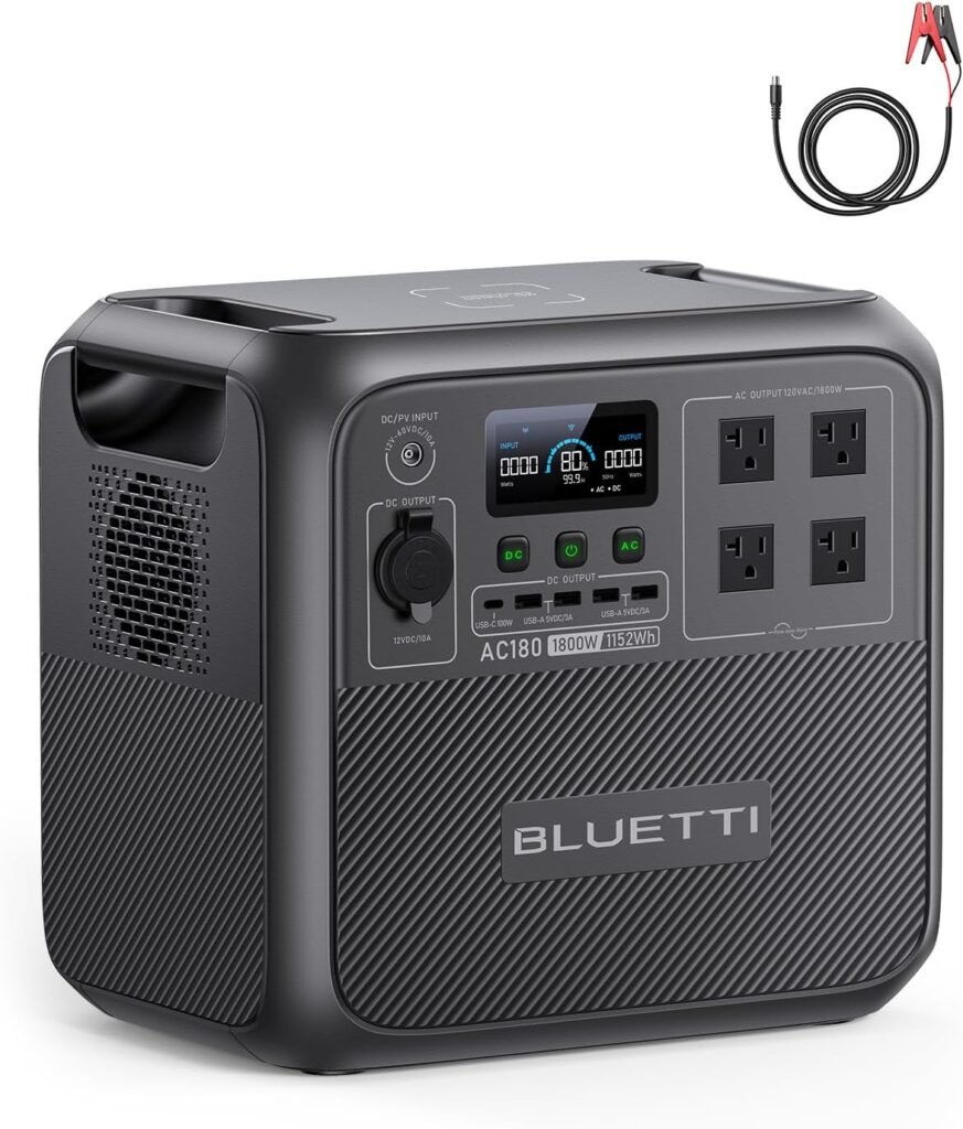 BLUETTI AC180 Portable Power Station, 1152Wh Solar Generator w/ 1800W (2700W Peak) AC Outlets, 0-80% in Min, LiFePO4 Battery Backup for Camping (Acid to DC7909 Cable Included) BLUETTI AC180 Portable Power Station, 1152Wh Solar Generator w/ 1800W (2700W Peak) AC Outlets, 0-80% in Min, LiFePO4 Battery Backup for Camping (Acid to DC7909 Cable Included)