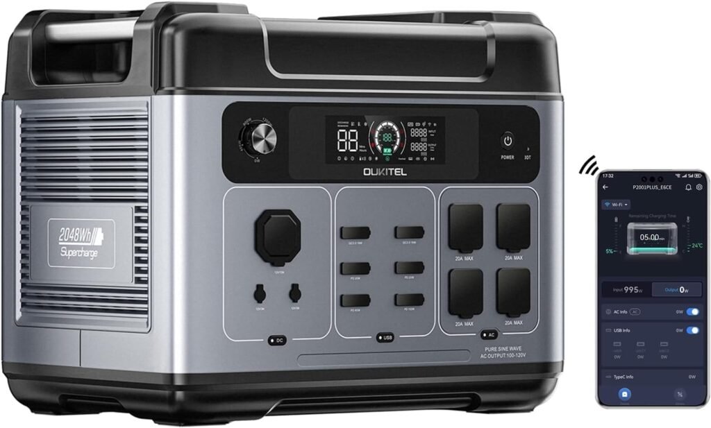 OUKITEL P2001 Plus 2400W Solar Generator(2025 NEW), 2048Wh Solar power station with AC Outlets (5000W Peak), 1.5H Full Charging, APP Control Battery Backup for Home, Camping RVs OUKITEL P2001 Plus 2400W Solar Generator(2025 NEW), 2048Wh Solar power station with AC Outlets (5000W Peak), 1.5H Full Charging, APP Control Battery Backup for Home, Camping RVs