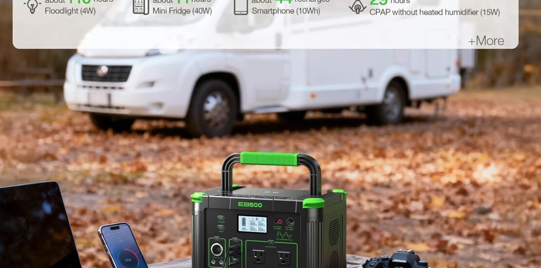 Portable Power Station 500W (Peak 1000W), 519Wh Solar Generator with 2x AC Outlets, 60W USB-C PD Fast Charging, 10-Port with Wireless Charger, Pure Sine Wave, Camping RV Travel Emergency Home Backup