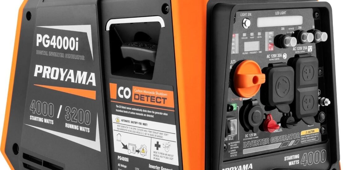 PROYAMA 4000W Portable Gas Inverter Generator, CO Sensor, Digital Interface, RV – Ready, LED Light, ECO – Mode, Parallel Capable, Low Oil Shutoff, Super Quiet and Lightweight with Weatherproof Cover