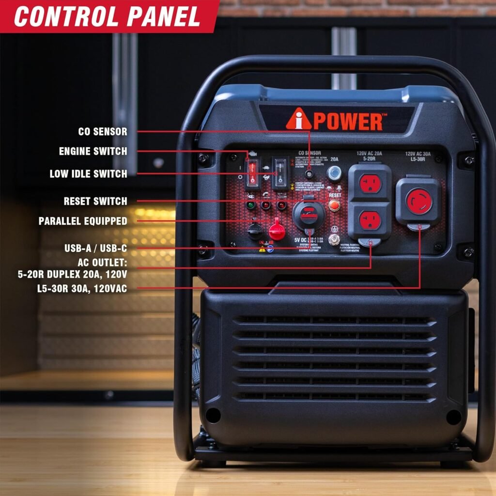 A-iPower 4600W RV-Ready Quiet Portable Inverter Generator Gas Powered, Ultra-lightweight Open Frame Power Supply for Tailigating/Home Backup, CO Sensor A-iPower 4600W RV-Ready Quiet Portable Inverter Generator Gas Powered, Ultra-lightweight Open Frame Power Supply for Tailigating/Home Backup, CO Sensor