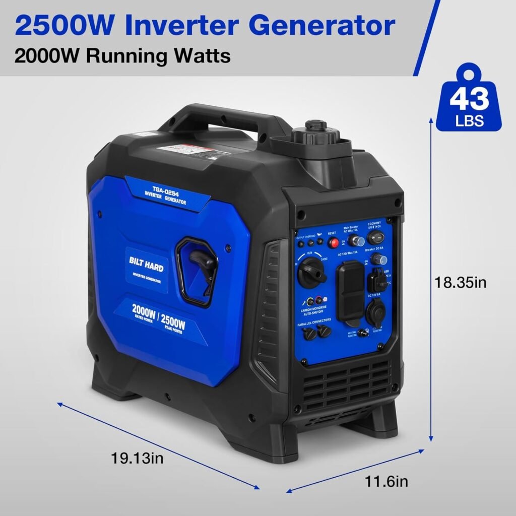 BILT HARD Gas Generator 2500W, 80cc Stroke Quiet Inverter Generator with CO Sensor, Parallel Ready,120V AC Duplex Receptacle and 12V DC Output, Outdoor Generators for Camping, Home Use, 49-State