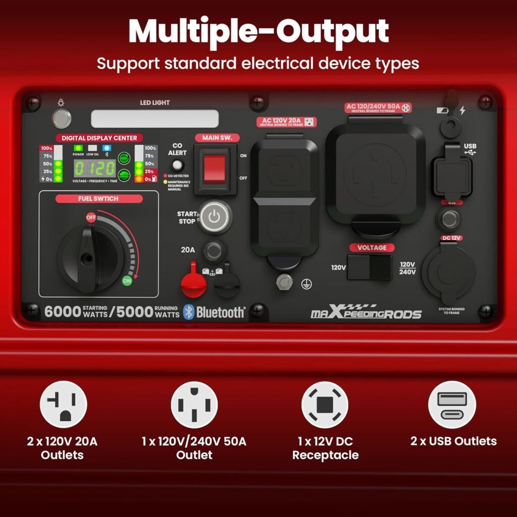 maXpeedingrods Watt Portable Inverter Generator with Bluetooth® App Remote Control, with Electric Start, Dual Voltage Output with Wheels and Telescopic Handle for Garden, RV Trips, Home Backup maXpeedingrods Watt Portable Inverter Generator with Bluetooth® App Remote Control, with Electric Start, Dual Voltage Output with Wheels and Telescopic Handle for Garden, RV Trips, Home Backup